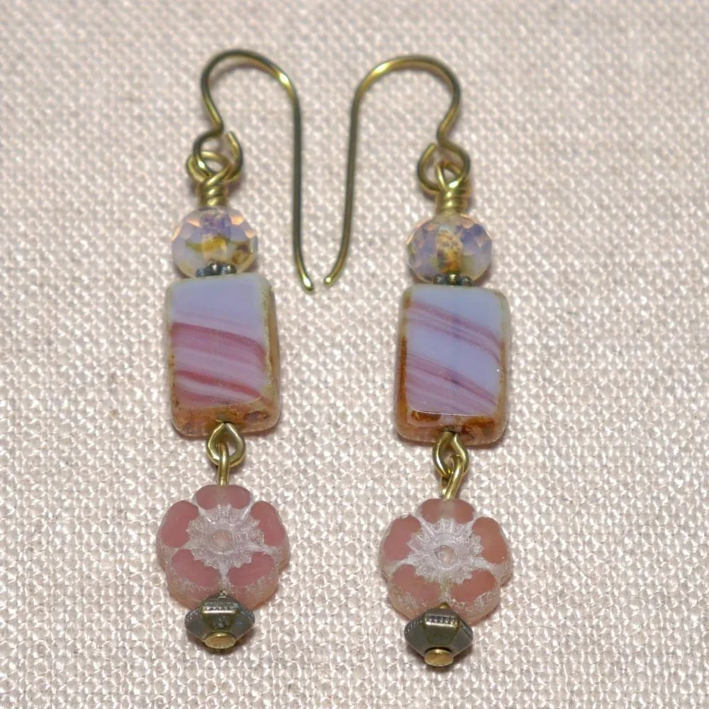 Hand Crafted Handmade Earrings Pink Czech Glass Long Beaded Earrings - Picture 1 of 4